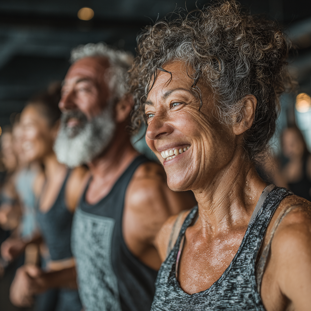 Group fitness class with instructor leading diverse participants in high-energy workout session
